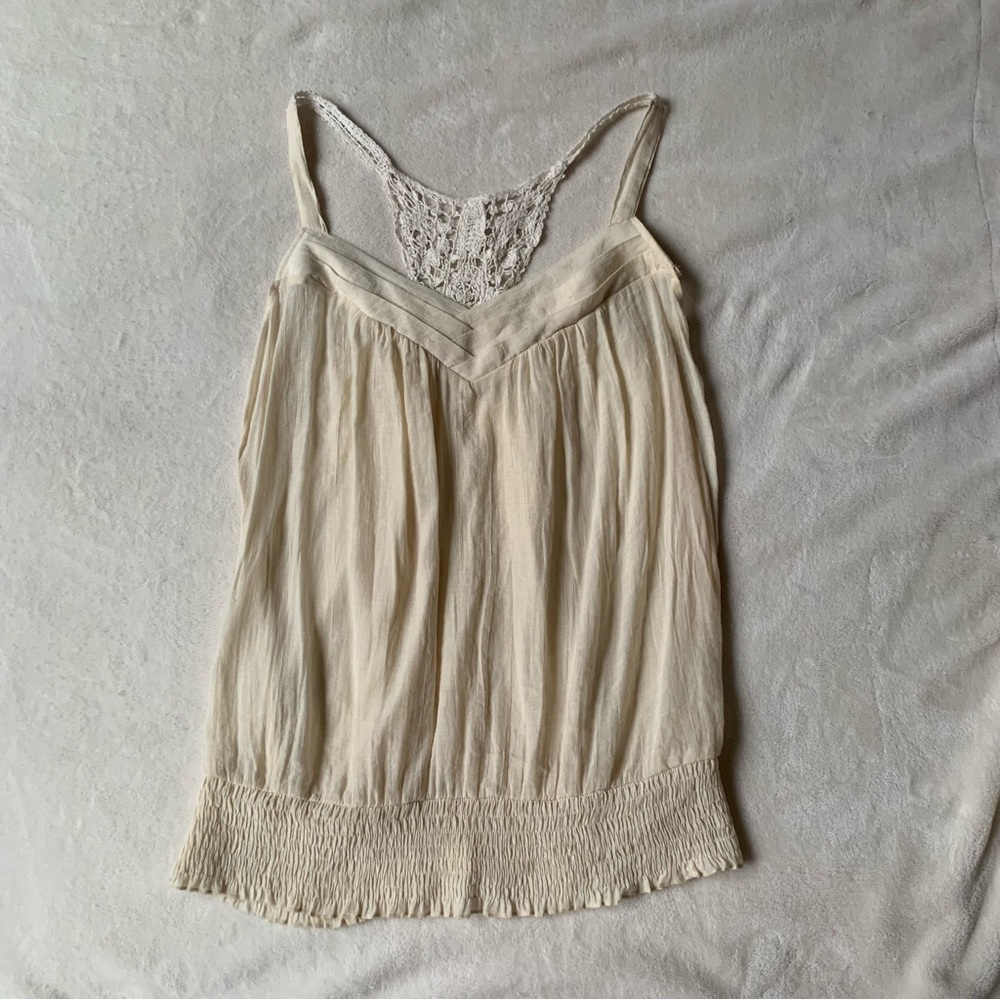 Mine… Cream Crochet Detailed Pleated Boho Tank Top Blouse Size L